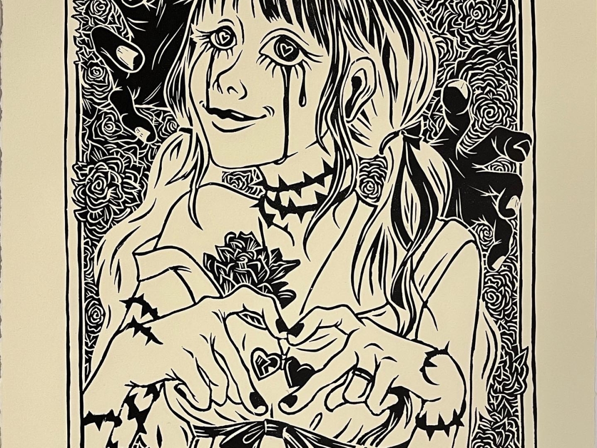 a linoprint of a person with long hair and a ragged dress making a hear shape with index and middle fingers. the person has hearts for pupils and is crying black tears while smiling while wrapped in thorns. black hands emerge from the background as if to grab the character