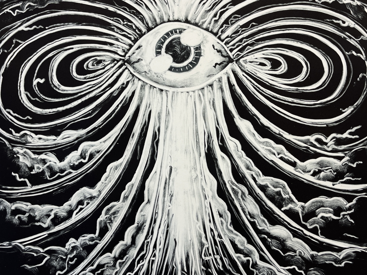 a monotype featuring a large eye in the sky with swirling beams cascading down and forming clouds down below the eye and swirling into loops to the left and right. 