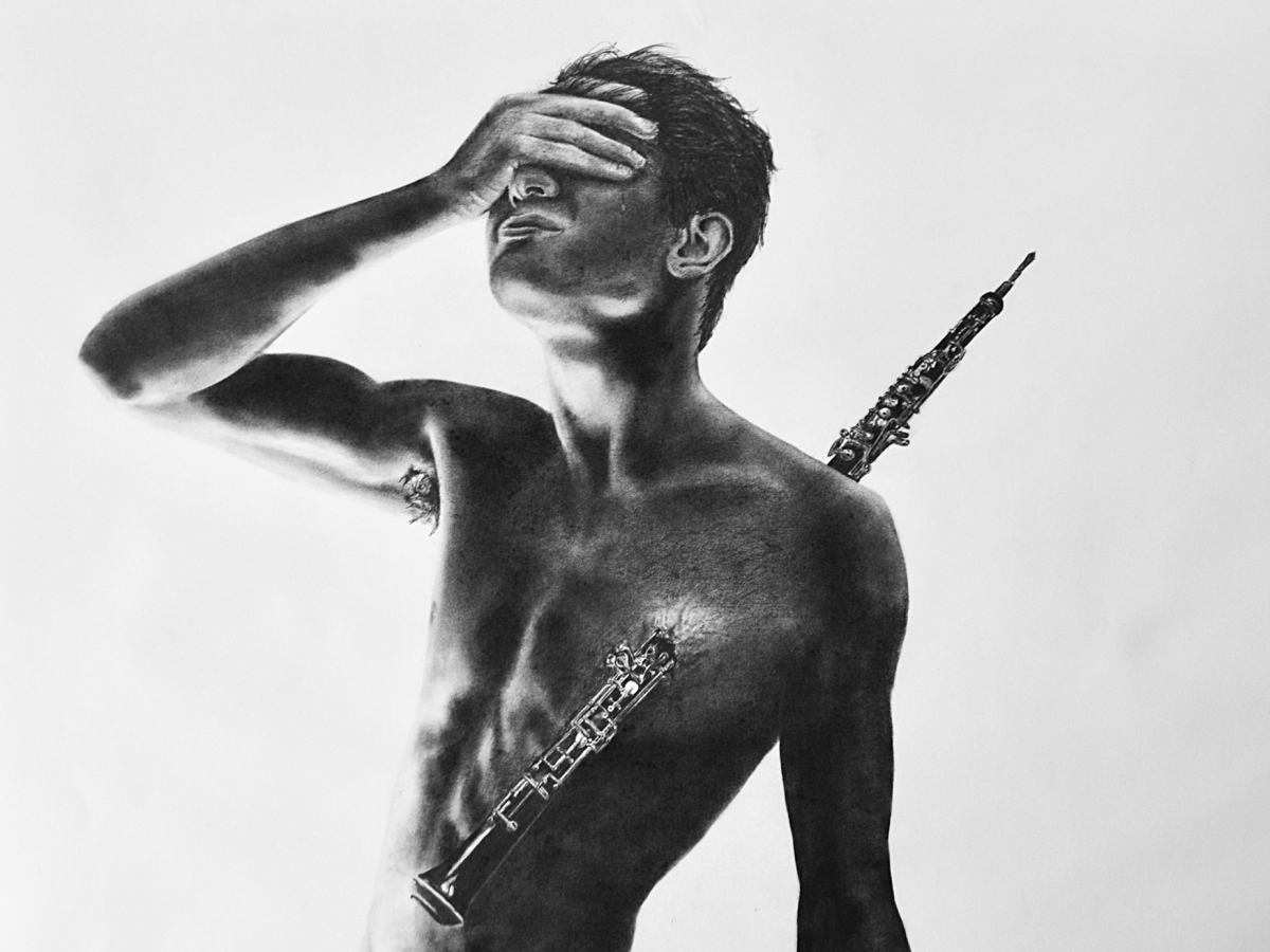 a black and white graphite drawing of a shirtless person with a hand placed over their eyes in an anguished way. a clarinet pierces their chest, emerging from the back. 