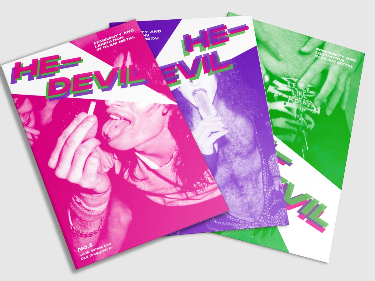 Zine cover in neon pink, purple, and green with photographs of faces 