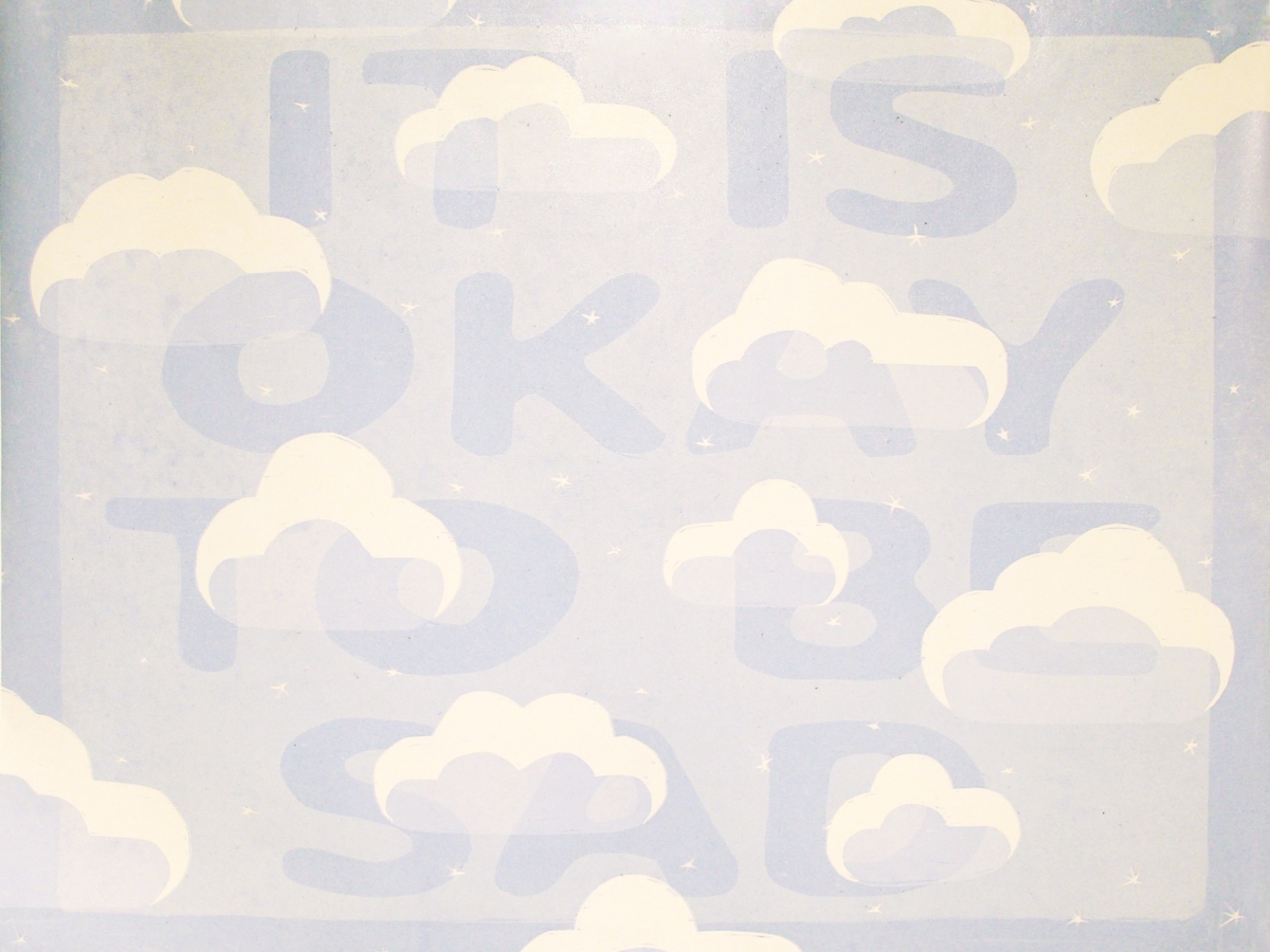 screenprint, natural colors with letters and clouds 