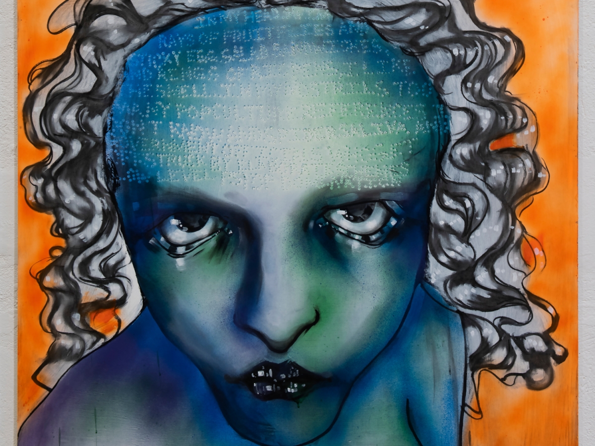 painting by trinity russell depicting a figure with curly hair rendered in green blue hues against an orange background