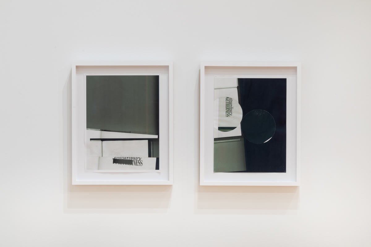 two collages by Nyeema Morgan hang in white frames on a white wall. The collages are comprised of mostly abstracted compositions made from grey scale xeroxed pages from books, with some text fragments visible.