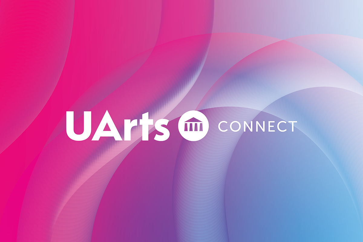 A pink and blue gradient with curvilinear, translucent, overlapping swirly shapes. "UArts CONNECT" logo image is knocked out in white on top of the background texture. 