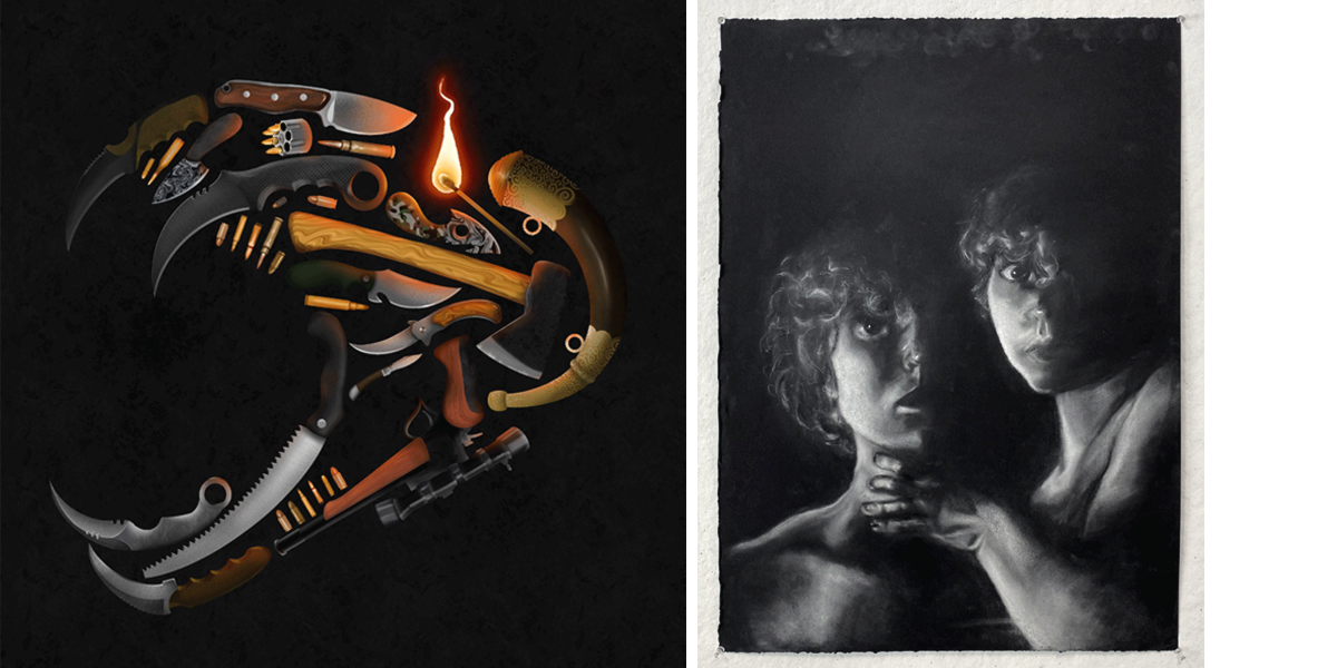 on the left, a sabertooth tiger skull comprised of realistically rendered dangerous objects such as lighters, a match and knives; on the right, a portrait from the shoulders up of pair of children rendered in grayscale with dramatic shadows