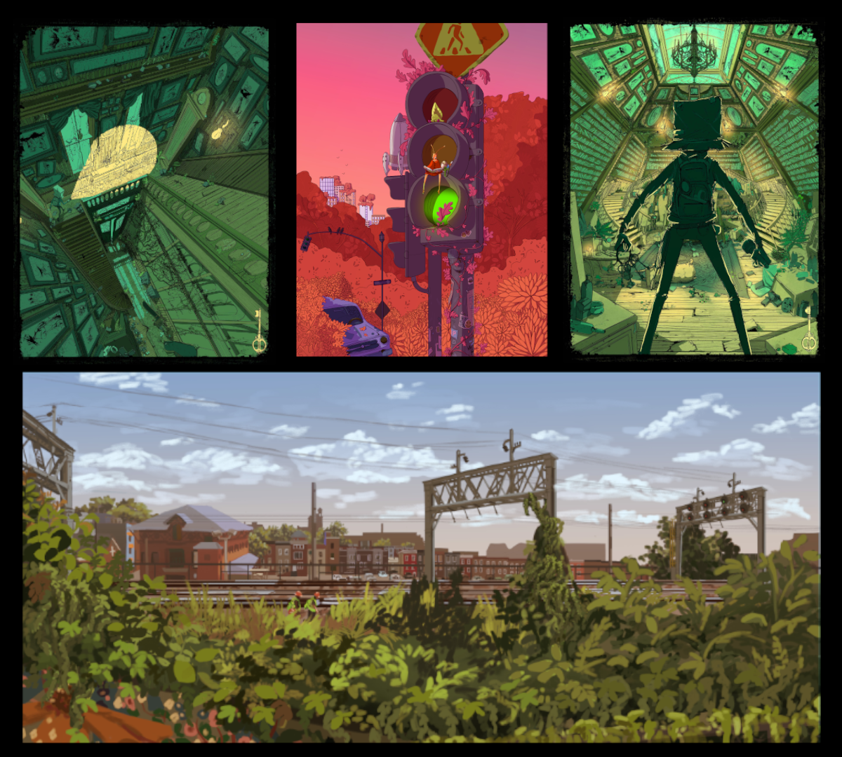 four images laid out on a black background, with a top row of three in portrait orientation, featuring a green creepy dilapidated interiors and a central image of a traffic light against a red-hued natural world, and a lower single landscape of philadelphia 