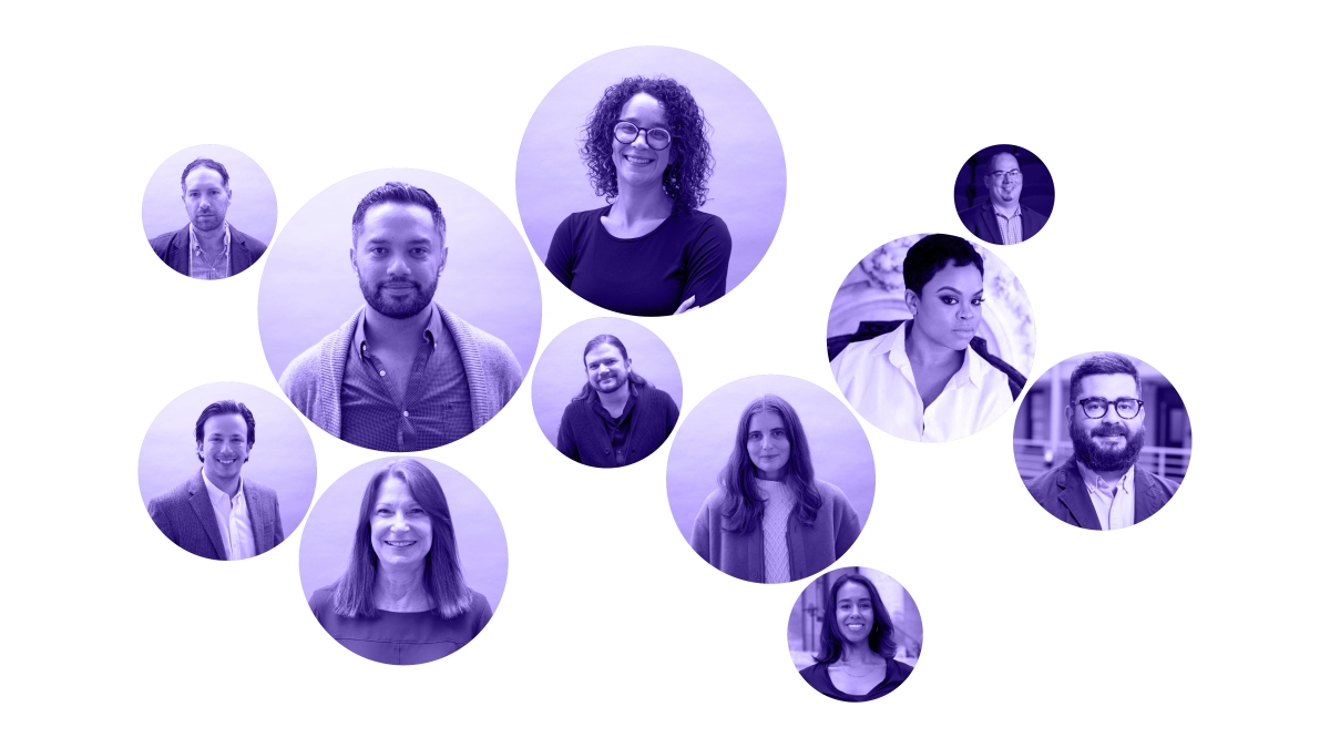 a stylized image of the DEIA committee depicting 11 members headshots in differently sized circles scattered across a white background like bubbles. each headshot is tinted in a pale violet shade. 