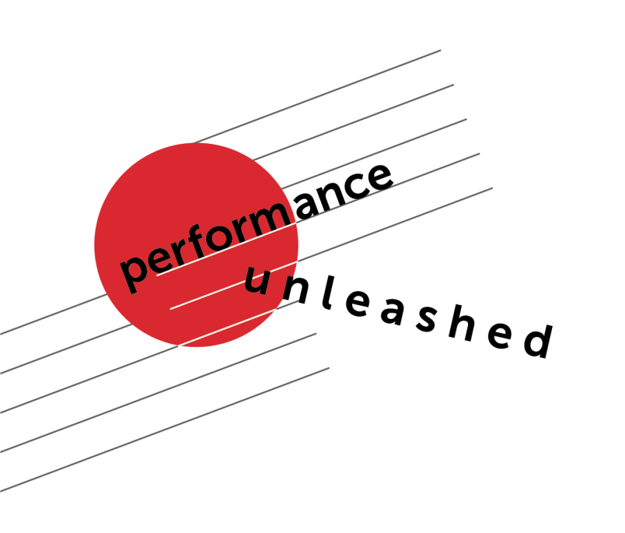 A circle graphic is slightly left aligned with diagonal, parallel, hair-thin lines (resembling those of a stringed instrument) running both behind and in front of the circle. the word "performance" sits on one of the more central lines, partially extended beyond the circle. the word "unleashed" s tilted to the right and each letter is spaced slightly. the text is black, lowercase, sans-serif type. graphic has a harmonious composition.