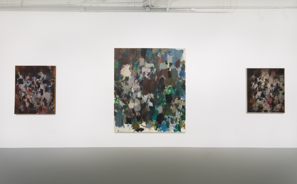 an installation shot of Larry Day's work in a gallery space. Three abstract paintings of varying sizes, comprised of all over organic shapes, hang on a white wall in a horizontal row.