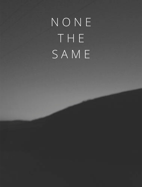 a minimal, black and grey toned landscape. A hill appears in the distance with a grey sky above. The title None the Same is in the center and the authors name John Cleaver appears in the bottom right. Both are in white text.