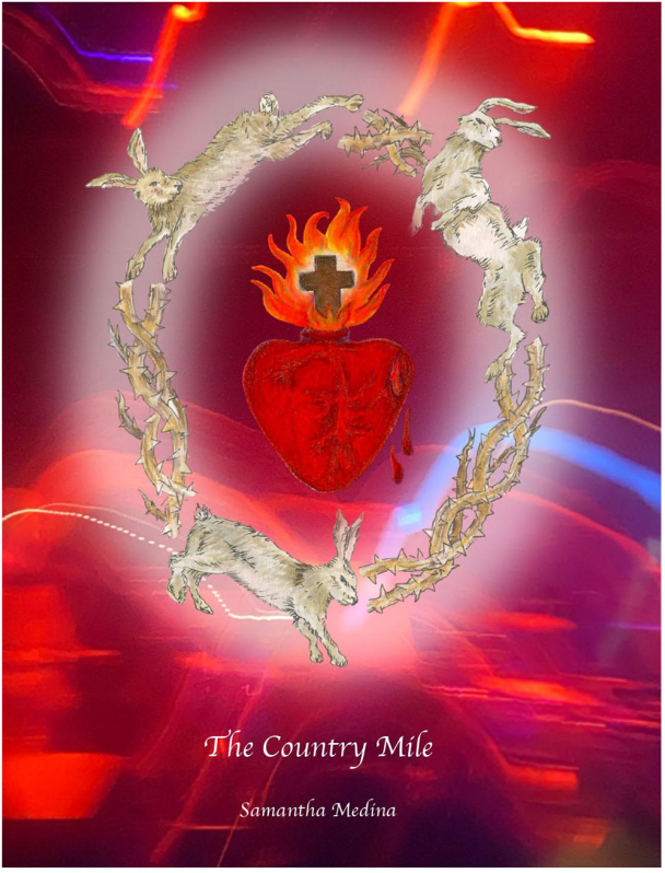 A bleeding heart with a flame and cross above it sits within an alternating ring of thorns and rabbits. This sits against a red background with multicolored streaks of light in red and blue tones.