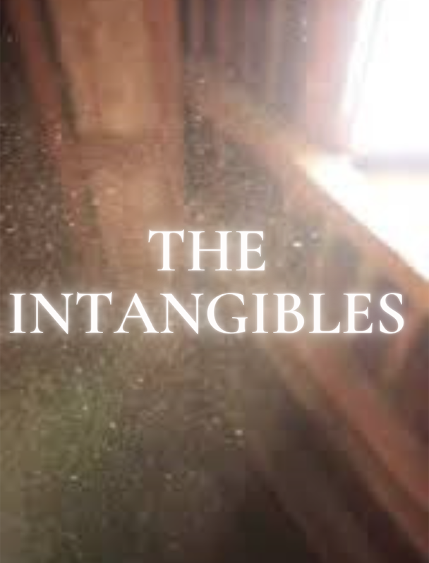 an obscured interior scene showing that suggests a view from below of a cieling and window with light flooding through. The title The Intangibles appears in white text in the center. Below in the left corner is the author's name, Sarena Harmon