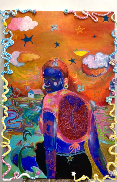 painting by Zeinab Diomande. a person rendered in blue sits with their back toward the viewer is looking over their shoulder. they sitting in front a wispy squiggly landscape. with the sky rendered in orange