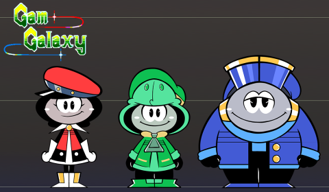 three alien character designs by Gavin Thomas Walters, '23. the characters have gray faces with wide eyes and wide smiles. from left to right, the characters wear different outfits, from red to green to blue.