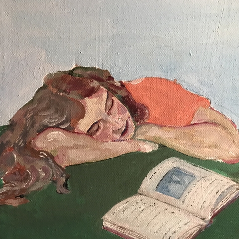 painting by lola smith depicting a person with long hair and an orange shirt napping on a green table in front of an open book
