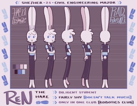 a character turnaround by hail thomas showing a rabbit character from all angles. the hare is anthropomorphic, holding her right hand across her chest clutching her left arm. the image is framed with rabbit head im ages. in the bottom left is written "ren the hare" and at the top is "she/her - 21 - civil engineering major"