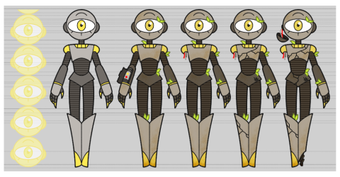 a character design by hail thomas depicting an android. the robot has a circular head with a single giant eye. the body is a brownish gray with gold detailing. from left the right, the character evolves from pristine to cracked, weathered, missing an arm, and with leaves sprouting from joints in the body. 