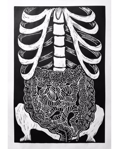 a block-printed piece depicting a hollow ribcage and spine with all intestines coiled below, rendered in a cartoony quality with cross-thatched and stripy textures