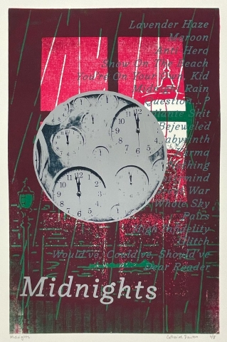 screenprint by catherine dawton depicting a white circle filled with clock faces on a magenta and green background. poetry is written across it primarily in green and midnights is written at the bottom in white like a title