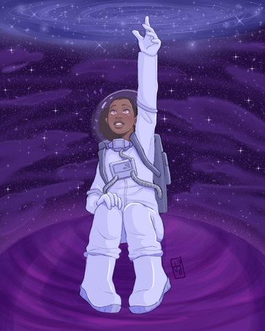 artwork by tiphany jackson depicting a seated astronaut in a white space suit against a violet space background with one hand on their right knee and one reaching up to a star sprinkled vortex directly above 