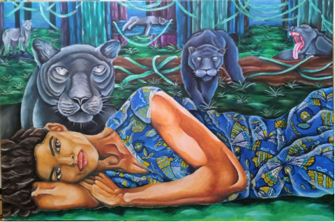 painting by nevaeh ryals of a person in a blue, patterned dress lying down in a dream-like jungle scene, with several panthers approaching the lying person. one panther in the background is yawning, with a long tongue hanging out of its mouth