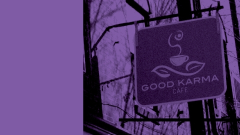 Coffee Shop sign which reads "Good Karma Cafe"