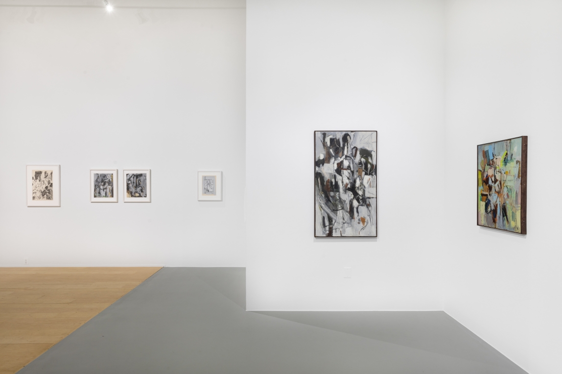 installation shot of work by Larry Day. Six works of various size and media hang on various walls in the gallery space.