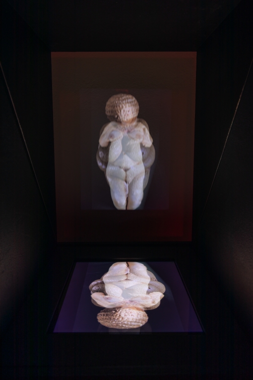 A digital video show a statuette or a human form made out of a textured grey material. The figure has a torso, with upper arms and legs but no hands or feet. The head is a textured mound with no facial featured shown. The same image of the figure is shown right side up and upside down.