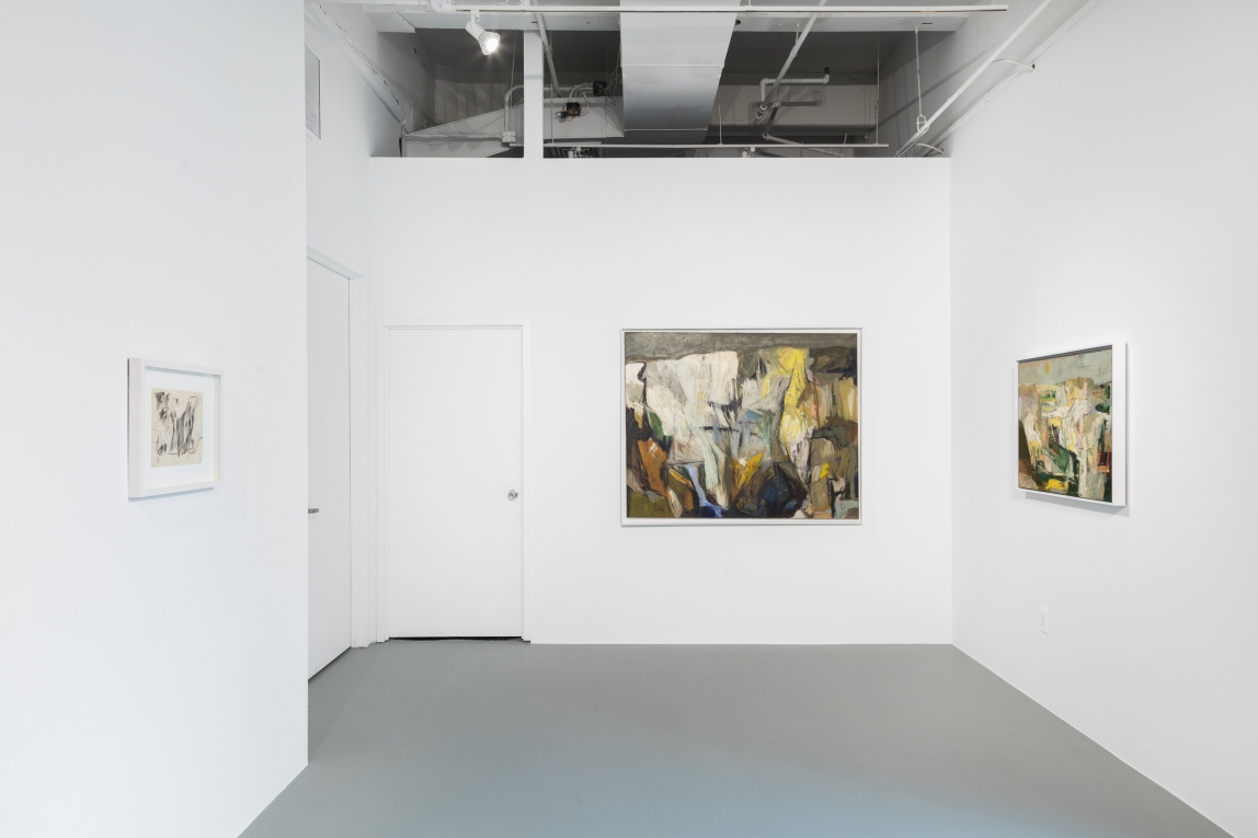installation shot of work by Larry Day. Three artworks of various sizes and media hang on white walls. A grey floor and pipes and vents running along the ceiling are also visible in the image.