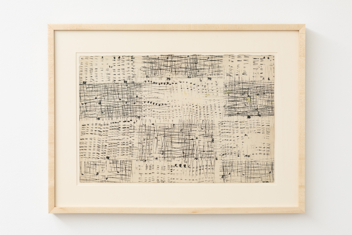 a framed drawing composed of a grid of black cross-hatch markings on a white background