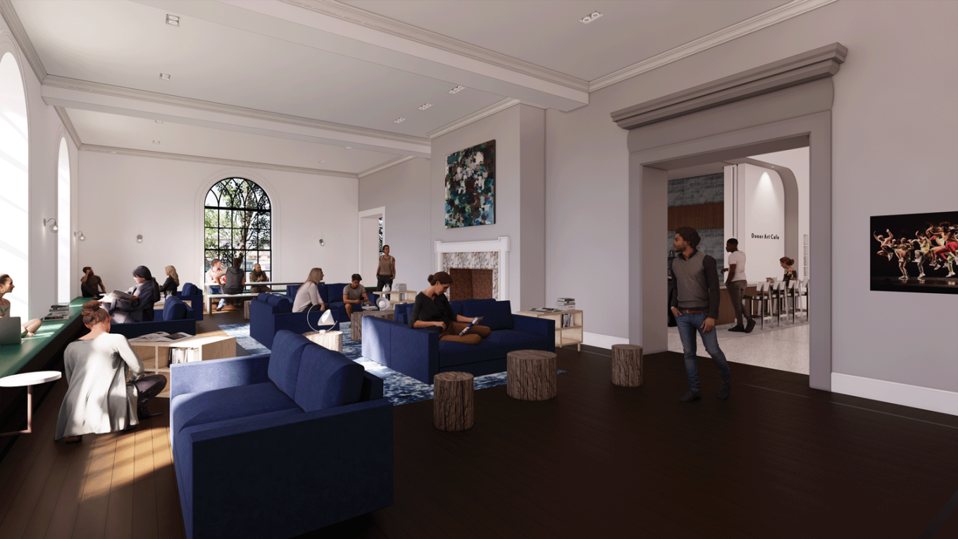 An architect's rendering. Various plush lounge furniture in shades of blue and figures dot a grand space. A figure is walking through a large entryway, framed in gray. Behind the figure, another space is just visible with a sign that reads "Donor Art Cafe." One figure leans against a counter while another is seated in this space. In the space in the foreground, two screens or artworks are hanging on the right wall and a window is centered against the far back wall. Two large windows are visible on the left.