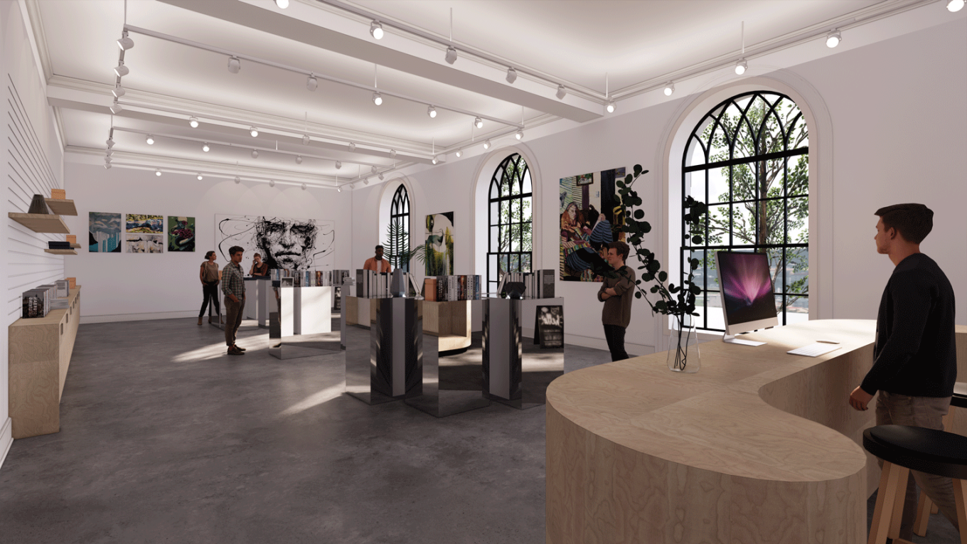 An architect's rendering. Several figures stand in a light-filled space with white walls, concrete floors and surfaces. Dark gray or black iron details three windows on the right side, and the space has several works of art on the walls and pedestals.