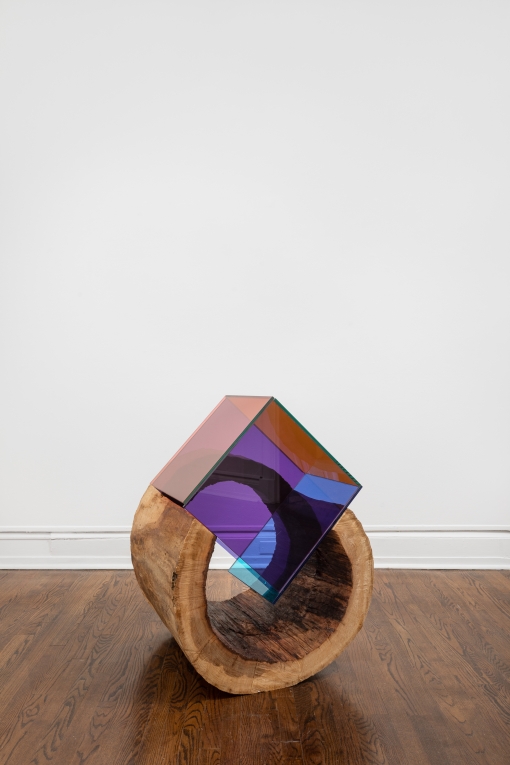 Installation view of a hollowed out tree stump on its side with a multicolored glass cube set on top