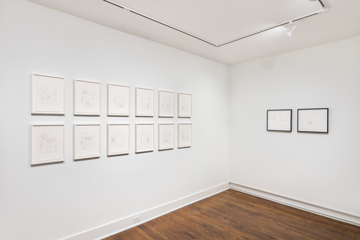 Installation image of series of sketches on two walls with 2 rooms of six sketches to the left and two, side-by-side to the right