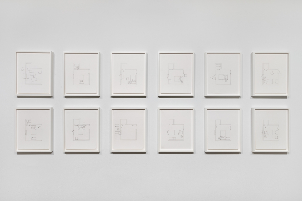 installation view of two rows of six sketches showing different room layouts