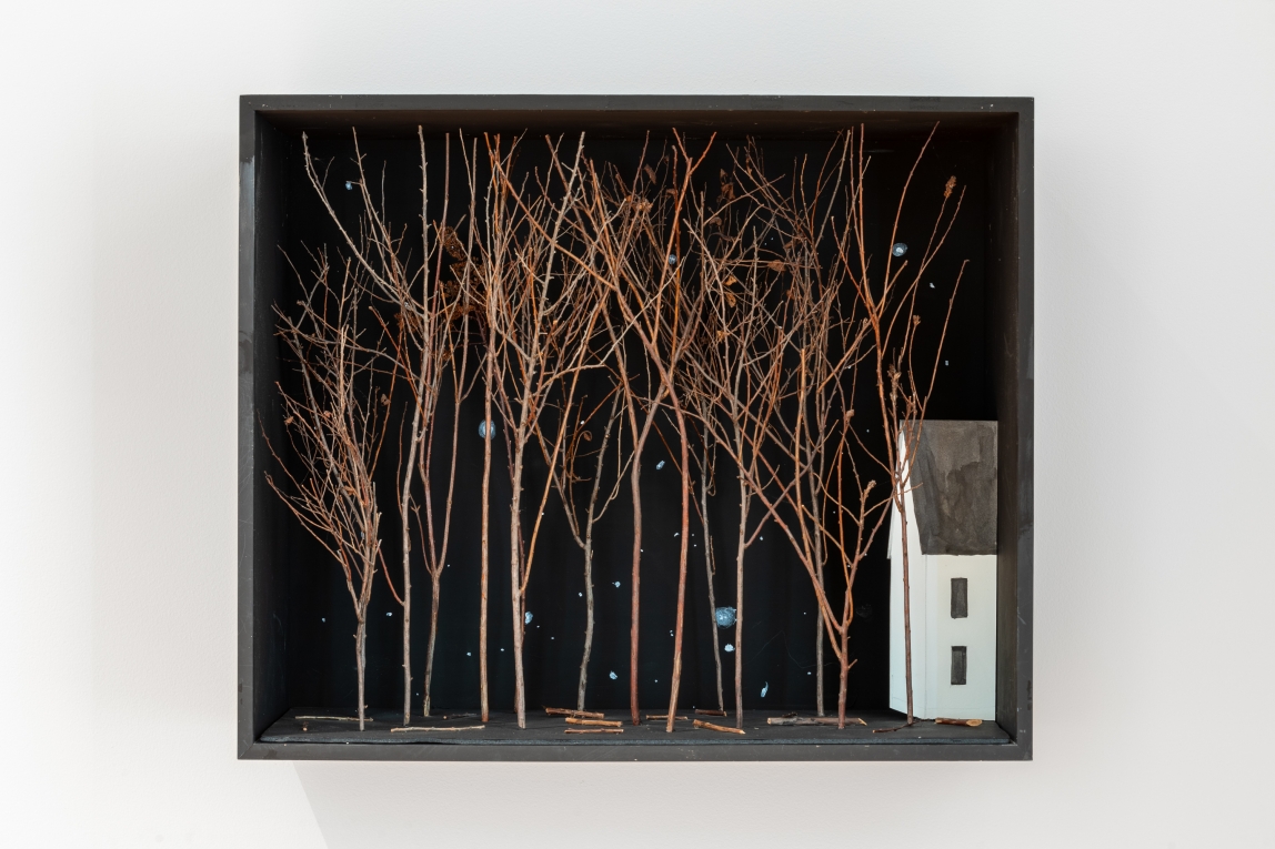 Up-close installation view of a diorama with trees against a dark background and part of a house to the side