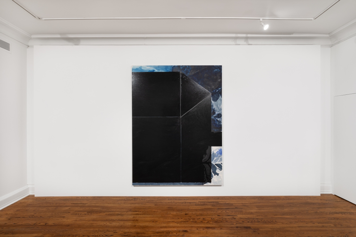 Installation view of large painting of a black house on its side with a patterned blue-black background hanging in the middle of a wall