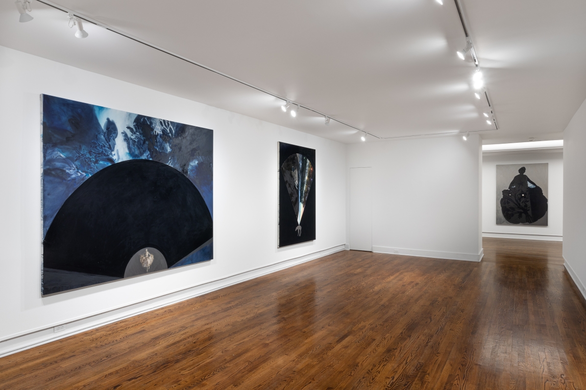 Installation view of three paintings, two sharing one wall and one of a figure with a large skirt in background
