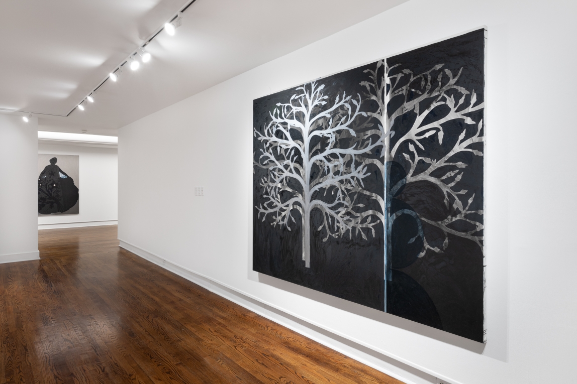 Installation view of two paintings: on the back wall, painting of a woman with a full skirt and silver background; the other depicting silver trees against black