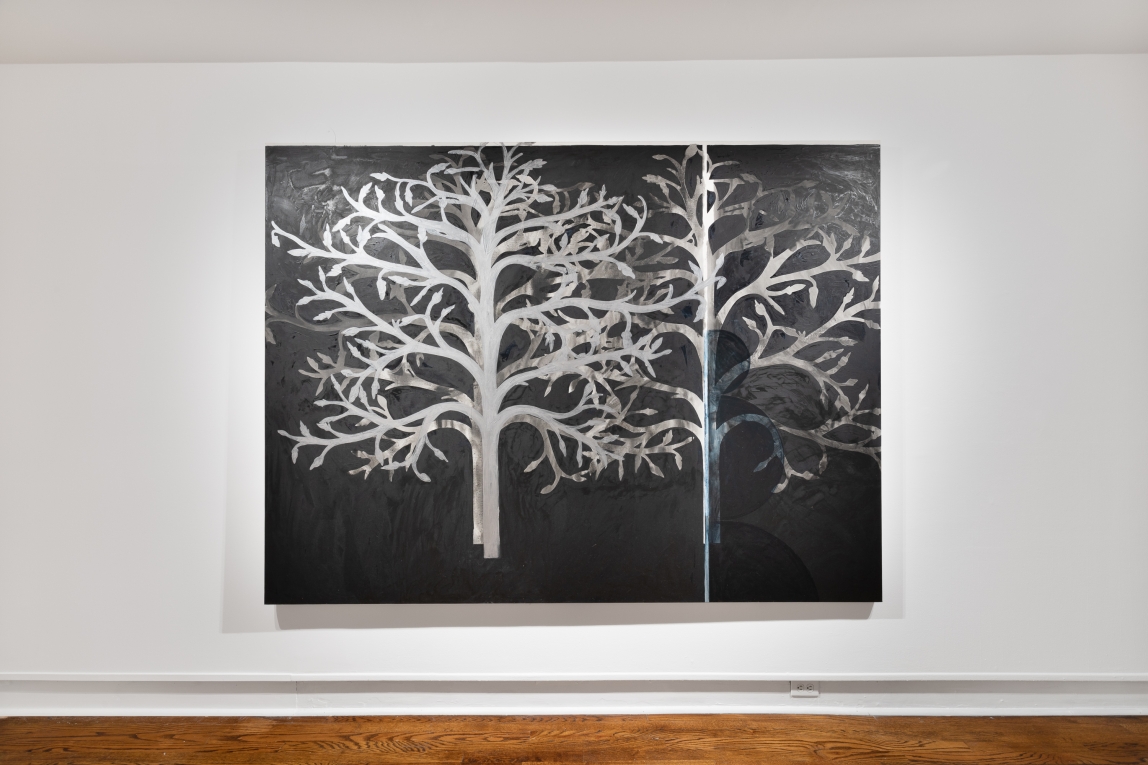 Installation view of a large painting depicting silverfish trees against a black background