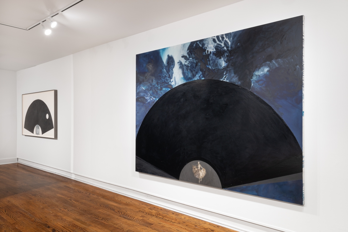 Installation view of two works depicting fans and small dancing figures, side by side: one in graphite and collage; the other in paint