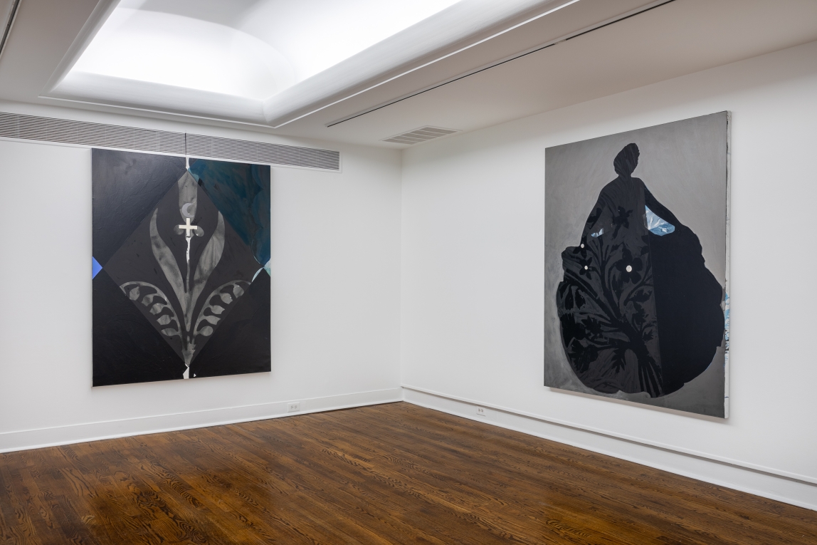 Installation view of two paintings on adjoining walls: one depicting flowers in a square diamond and the other a woman with full skirt against silver background