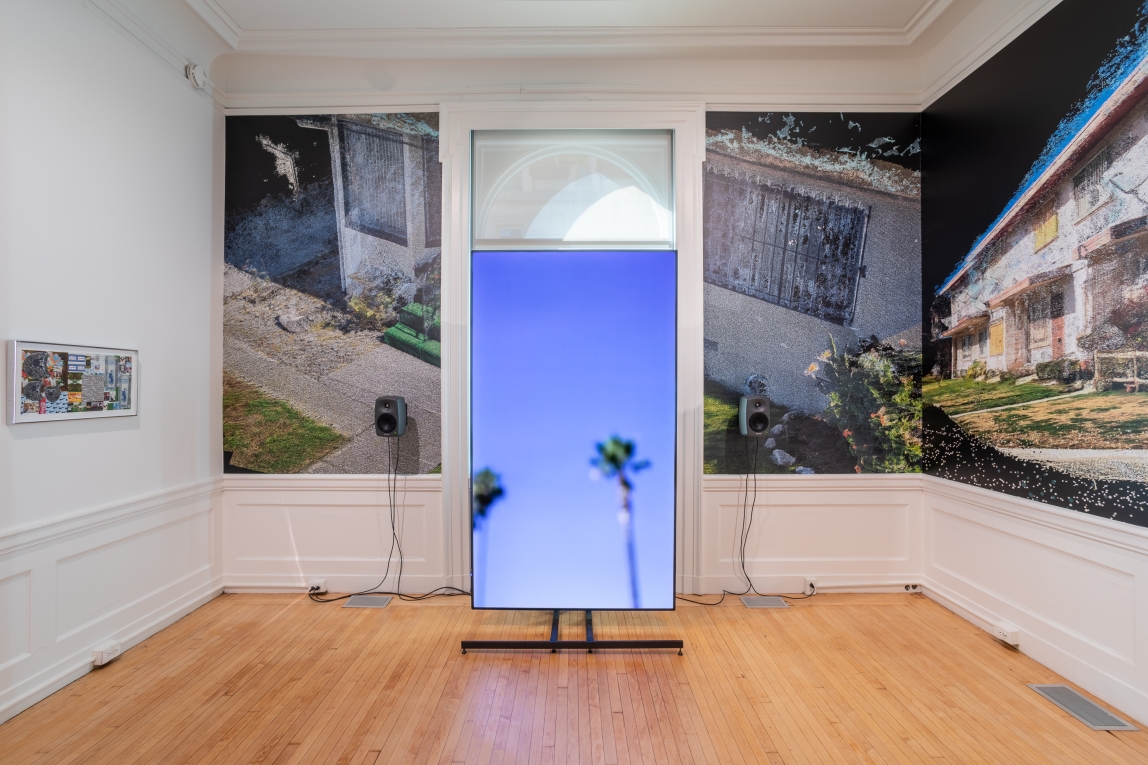 Installation view showing a large monitor with film image of sky and trees in center, with film still wallpaper behind