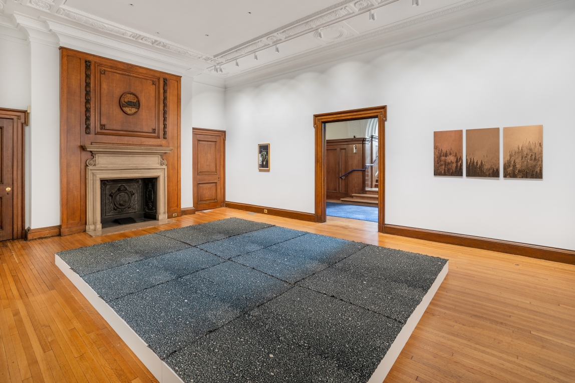 Installation view of gallery showing fireplace in background, large floor textile work in foreground and two collections of works hanging on side wall