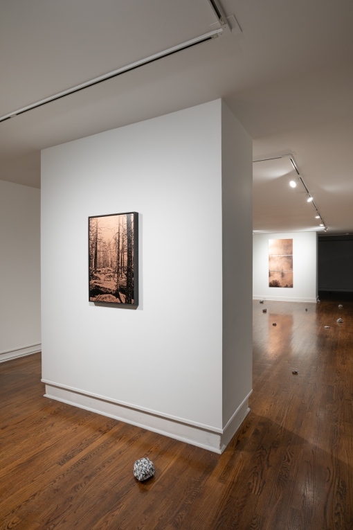 Installation view of galleries with a copper plate printed work hanging on two parallel walls and rocks situated on the floor