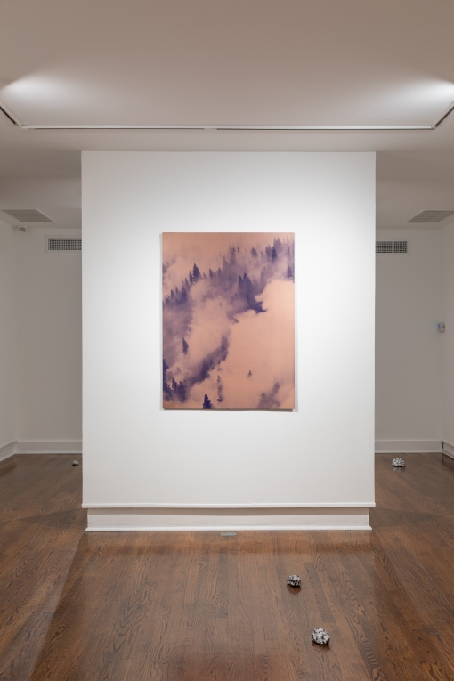 Installation view of copper plate printed with mountain landscape hanging on white freestanding wall with rock artworks on ground 