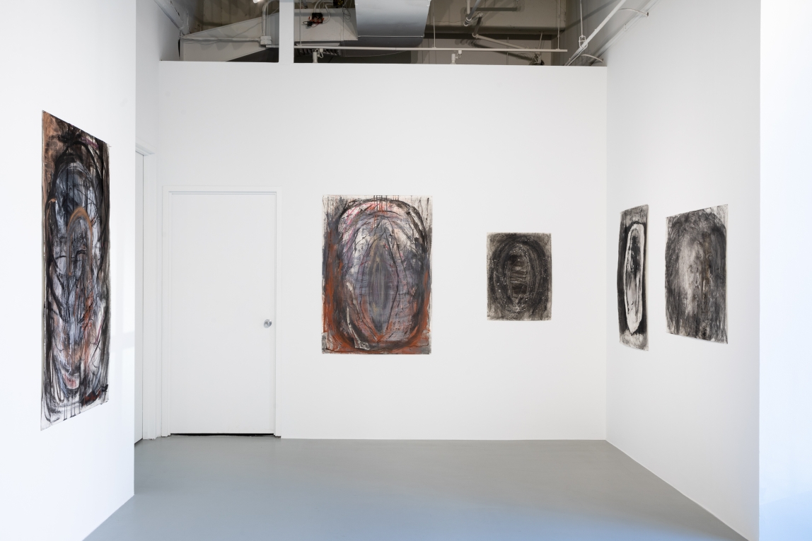 installation view of a series of drawings across three walls.