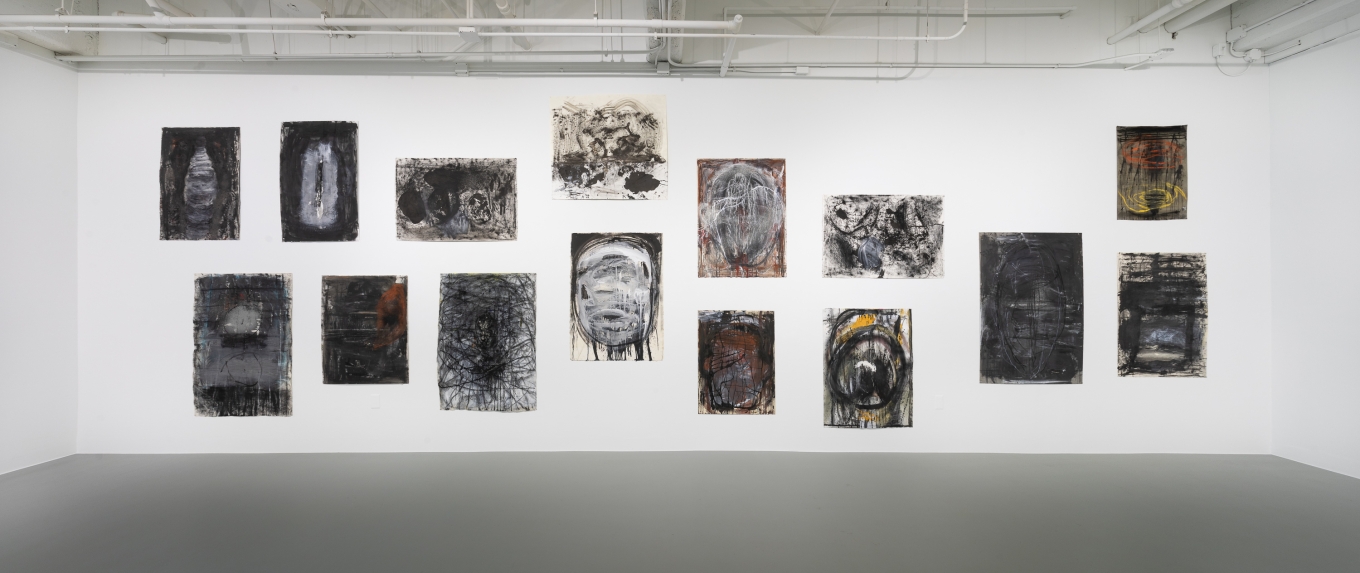 Installation view of 14 drawings in a grouping on gallery wall