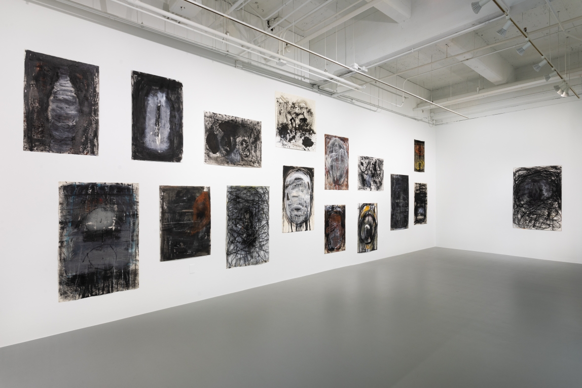 Installation view of long wall with group of 14 drawings and another wall with one drawing