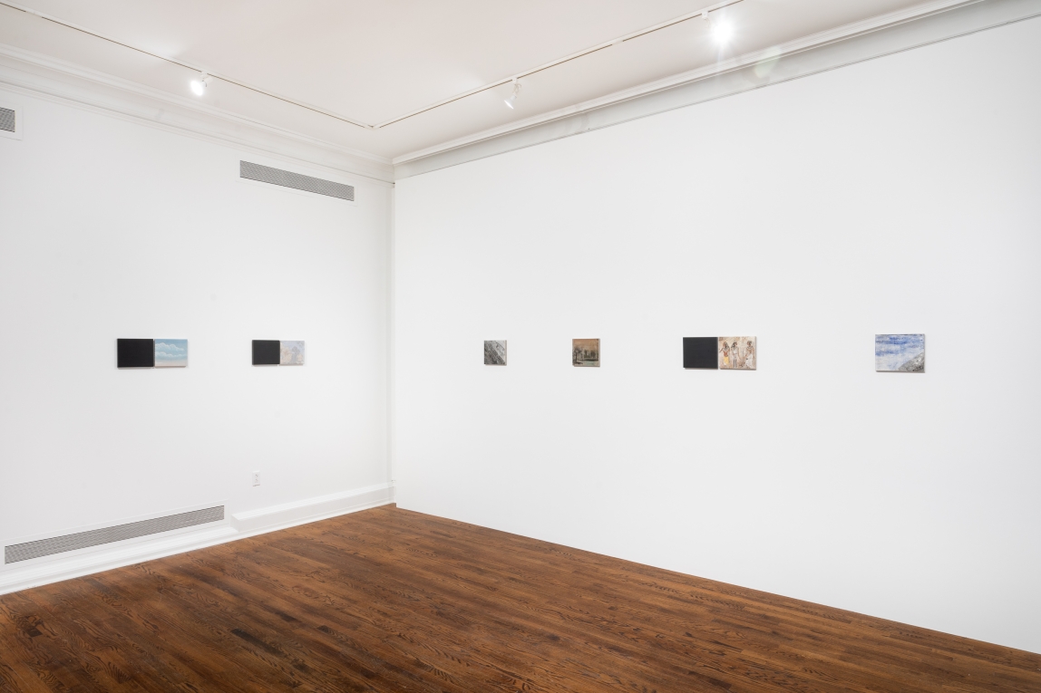 Installation view of line of small works across two walls